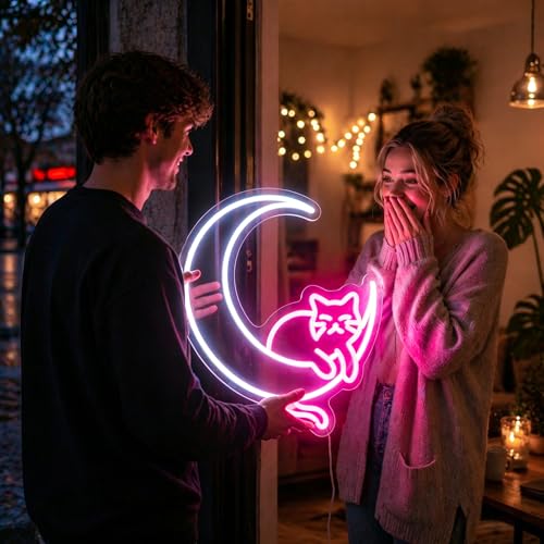 Image of Pink&White Neon Sign Led Neon Lights Signs for Wall Decor USB Powered Led Signs for Room Decoration-Moon Cat