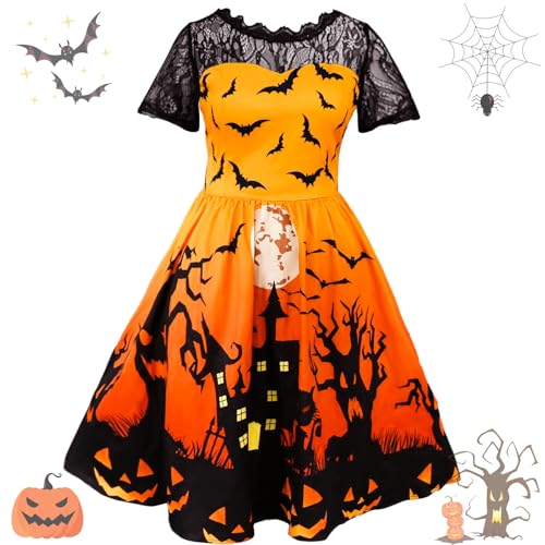 Tutukyle Damen Halloween Kostüm Damen Sexy Halloween Spitzenkragen Kurzarm Cocktail Swing Kleid für Frauen Kürbis Fledermaus Hexe Bedruckte Cosplay...