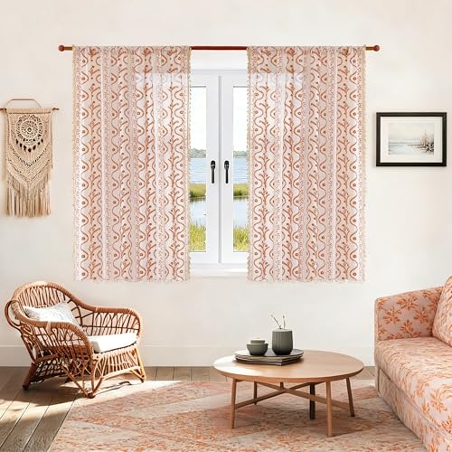 Image of Boho Farmhouse Curtains for Living Room 2 Panels, Floral Fall Curtains 54 Inches Long,Privacy Country Vine Pattern Bedroom Curtain,Let Light in Window Drapes Beige