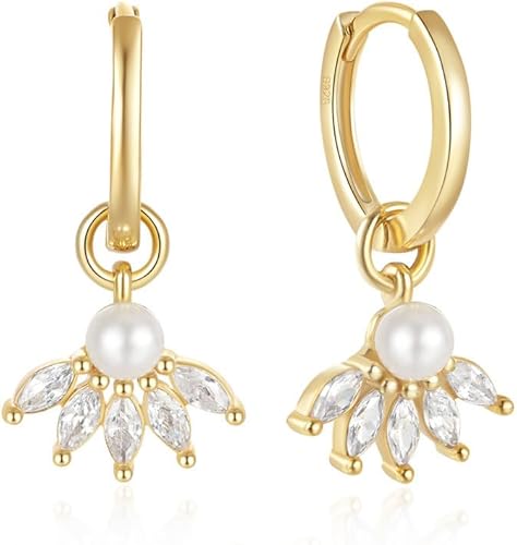 Solid 925 Sterling Silver CZ Flower Hoop Earrings for Women, Trendy Drop Earring