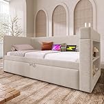 Merax 3ft Daybed Single/Double Upholstered bed Sofa Bed 90/180x190 cm with Pull-Out Trundle,USB-C Charging Station,Cup Holders & Linen Fabric - for Living Room,Guest Room & Bedroom,Beige(No Mattress)