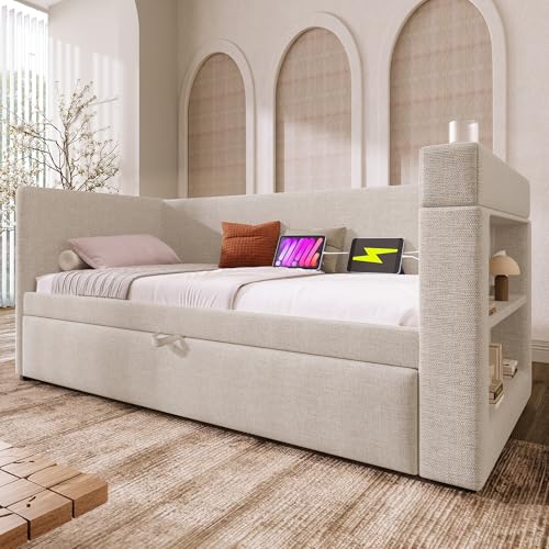 NADEUSAK Cama de día acolchada 90 x 190 cm, sofá cama individual con cama nido, reposabrazos con soporte para bebidas, mezcla de lino, beige, sin colchón