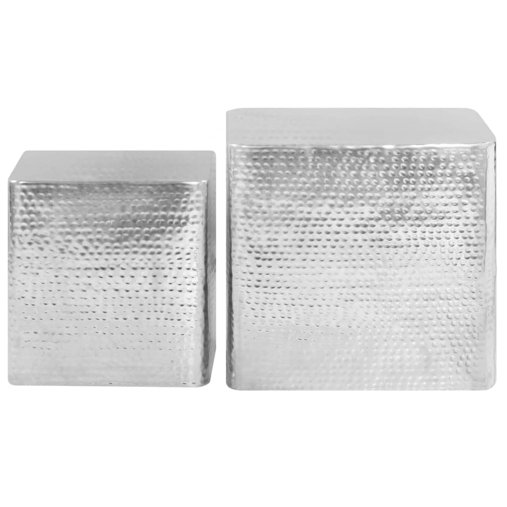Stoliki kawowe do salonu, 2 sztuki, srebrne, aluminiowe | Zestaw 2 rozmiarów, 40 x 40 x 38 cm i 30 x 30 x 32 cm, wykończenie młotkiem, już zmontowany