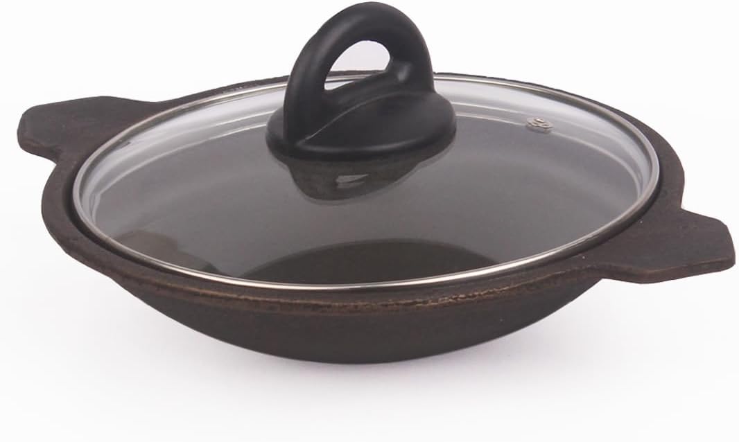 The Indus ValleyPre-Seasoned Cast Iron Appam Pan/Appachatty/Chetty Pan/Appam Patra with Glass Lid | 22 Cm/8.7 Inch, 1.5Kg | Gas Compatible | Nonstick Appam Pan, 100% Pure & Toxin-Free,Black