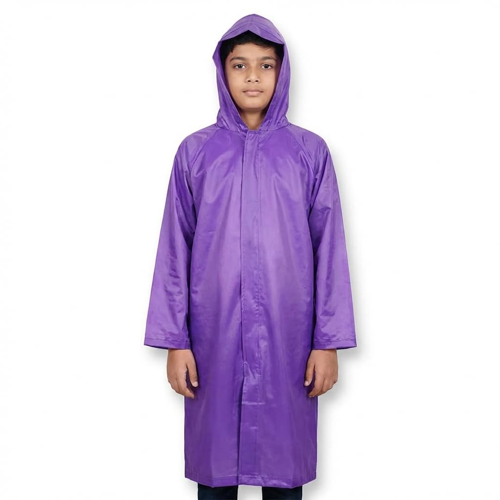 Kids PVC Waterproof Raincoat Violet | Hooded with Drawstring, Extended Visor Cap & Pocket | Durable Lightweight Rain Wear ...