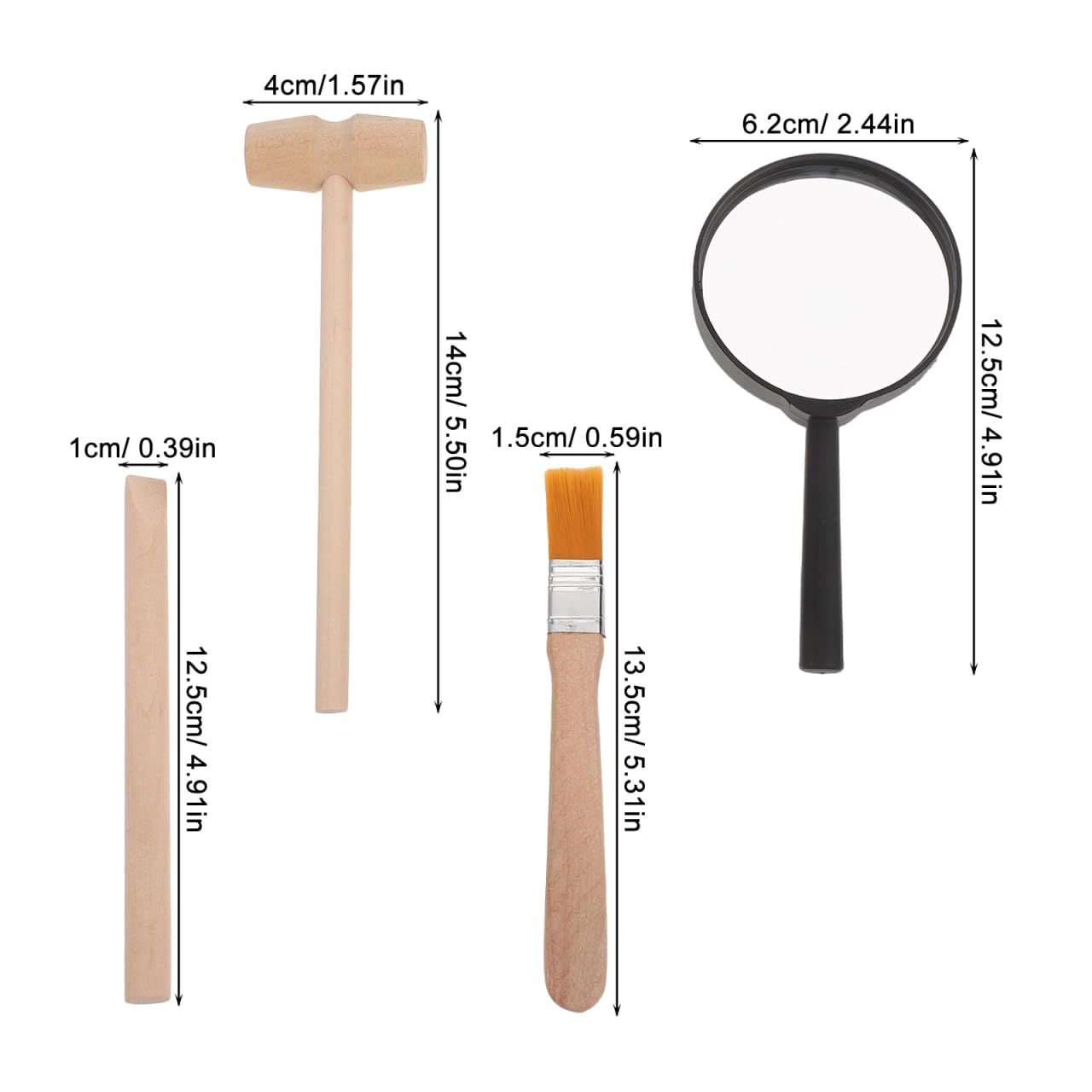 Veemoon Utensili per sepoltura in legno per bambini, martello scalpello, legno per bambini con martello scalpello pennello lente d'ingrandimento per apprendimento fai da te