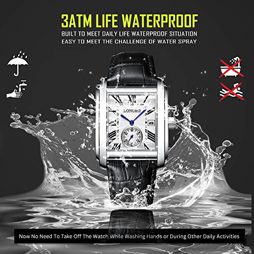 Image of LONGBO Mens Watch Rectangular Shape Alloy Case Business Casual Genuine Leather Strap Watch with Seconds Subdial | Calendar Date | Scratch Resistant Waterproof Watch for Men