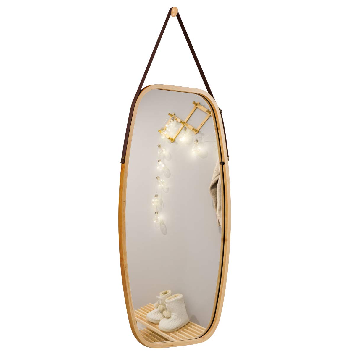 COSTWAY Espejo Colgante para Pared y Puerta con Correa de Cuero Ajustable y Marco de Bambú Espejo Decorativo para Baño Salón Dormitorio Entrada (S)