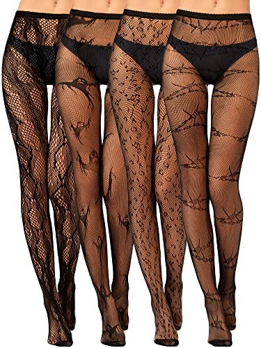 Foaincore 4 Pcs Halloween Women Fishnet Tights High Stockings Black Patterned Tights Spiderweb Leopard Snake Ghost Stockings Fishnet Leggings Waist High Pantyhose for Women Lace Leggings
