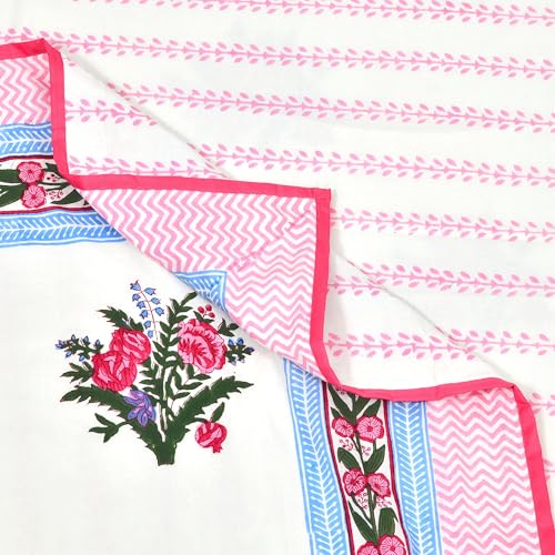Image of BLOCKS OF INDIA 100% Cotton Dohar King Size Reversible Hand Block Printed Malmal Summer Dohar /Blanket (Pink Green Bunch)