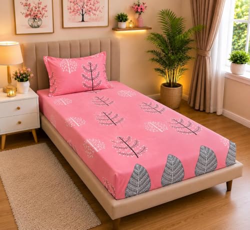 Image of la' amour Single Fitted Bedsheet with 1 Pillow Cover, Soft Breathable Elastic Bed Sheet for Single Bed, Premium Printed Bedsheet with All Around Elastic - 36 x 72 + 6 Inches, Vintage Light Pink