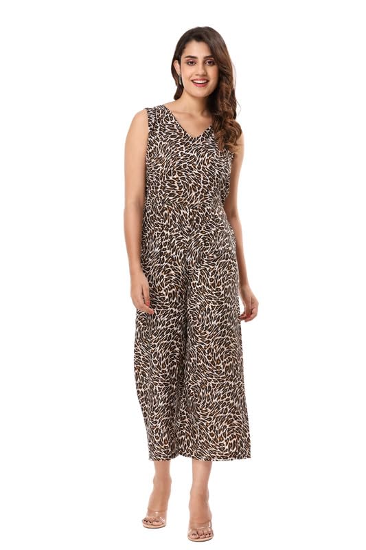 kicha Women's Crepe Straight Jumpsuit for Women's Half Sleeves Leopard Print Casual Wear Regular Length Jumpsuit-picture-11