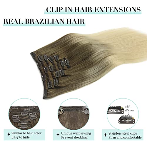 Image of DOORES Human Hair Extensions Ash Brown to Platinum Blonde 120g 7pcs 16 Inch Remy Hair Extensions Clip in Human Hair Natural Hair Extensions Straight Thick