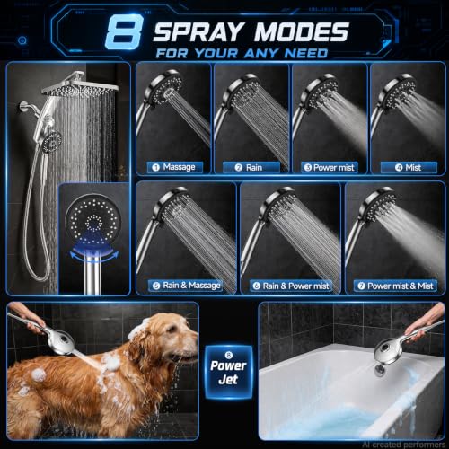 Image of Veken 12 inch Rain Shower Head with Handheld,High Pressure Power Wash,Magnetic | Dual Shower Heads Combo,8-Mode Hand Held Spray,Wand,Double Detachable Rainfall Showerhead with Arm,Bathroom Set,Chrome,Silver