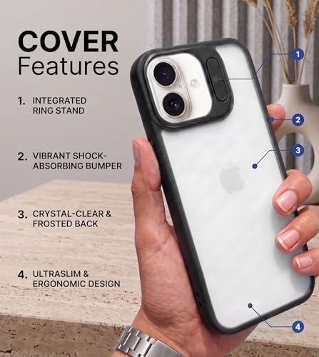 Image of amazon basics Frosted Matte Case for iPhone 17 | Built-in Flip-Out Camera Lens Stand | Translucent Back with Contrast Black Bumper | Shockproof Protective Cover with Foldable Kickstand