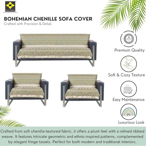 Image of Elegant Woven Green Sofa Cover - Soft Chenille Traditional Pattern with Lace Style | L-Shape Sectional Seat Protector for Living Room | Durable & Stylish Slipcover 5 Seater Sofa