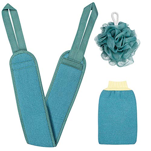 Fordim Back Scrubber, 3Pcs Body Scrubber Set for Men and Women Include Back Scrubber Cloth for Shower, Exfoliating Mitt and Loofah Sponge, Bath Combo for Deep Clean& Exfoliating (Blue)