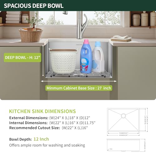 Image of 24-inch Undermount Laundry Utility Sink, Stainless Steel | 24x18x12 Extra Deep Single Bowl for Laundry Room, Garage and Outdoor Kitchen with Bottom Grid, Drain Strainer and Drying Rack