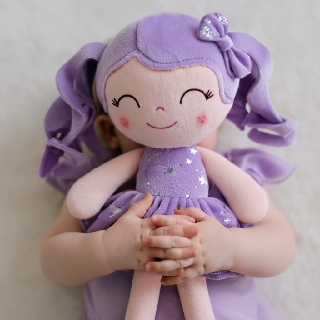 Gloveleya Doll First Baby Doll Plush Baby Doll Baby Dolls Soft Doll Baby Girl Gifts Curly Hair Purple Dress 12inches