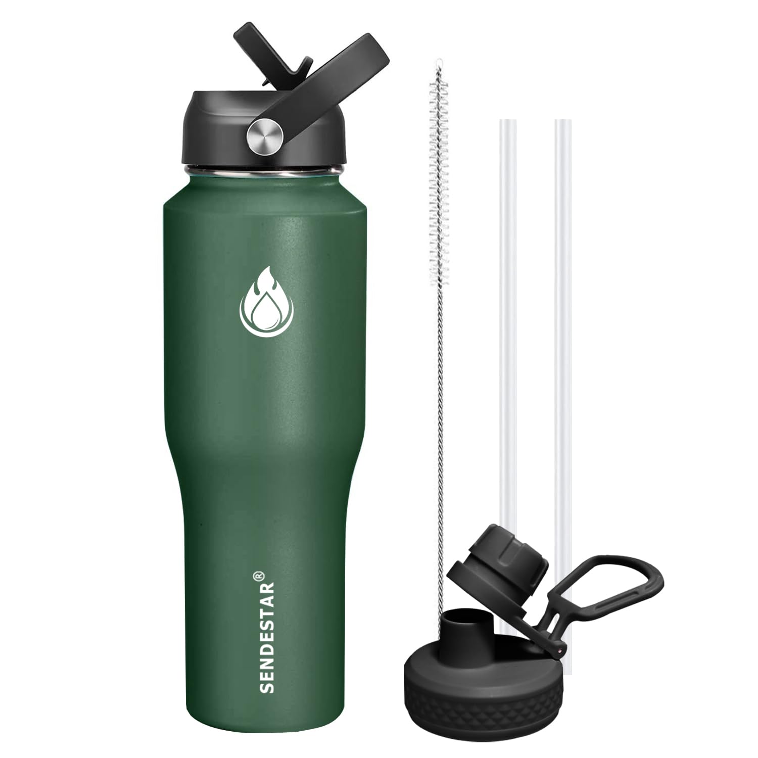 SENDESTAR 32oz Water Bottle Wide Mouth Stainless Steel Vacuum Insulated Double Wall with 2 Straw Lids Fit in Any Car Cup Holder TXIN-32-Dark Green
