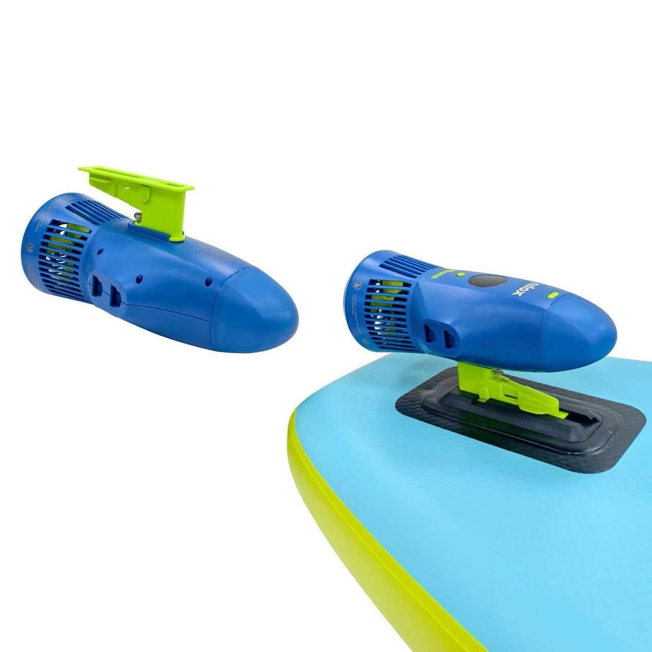 Nilox Set Tavola da Sup Gonfiabile con Scooter Acquatico Elettrico, Completo di Accessori con Zaino, Pagaia, Pompa, Leash, 1 Pinna, Velocità Fino a 5km/h, Tavola da 335x84x15cm