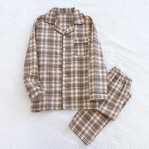 Men's Cotton Vintage Plaid Pajamas Sets Button Down Long Sleeve Shirts Pants Matching Loungewear Sets 2 Piece2