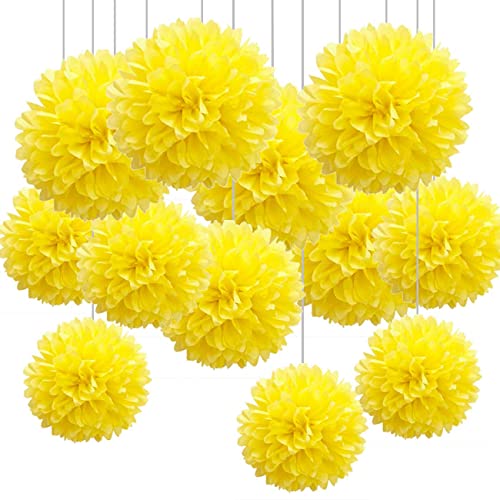 Lot de 12 Pompons Papier de soie Jaune pour Décoration Suspendre de Plafond de Fête - 30,5 cm, 25,4 cm