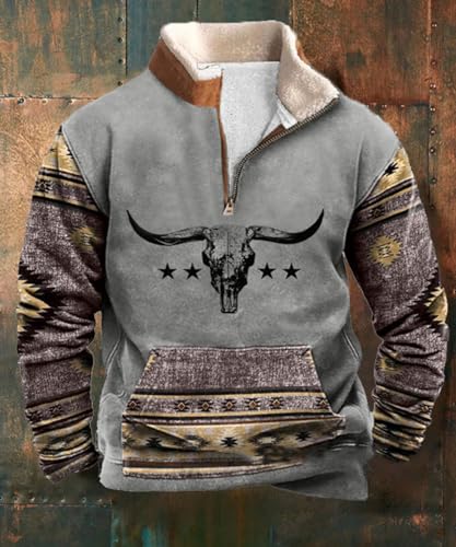 Men's Vintage Aztec Western Cow Skull 1/4 Zip Up Stand Collar Pullover Ethnic Tribal Sweatshirts Tops2