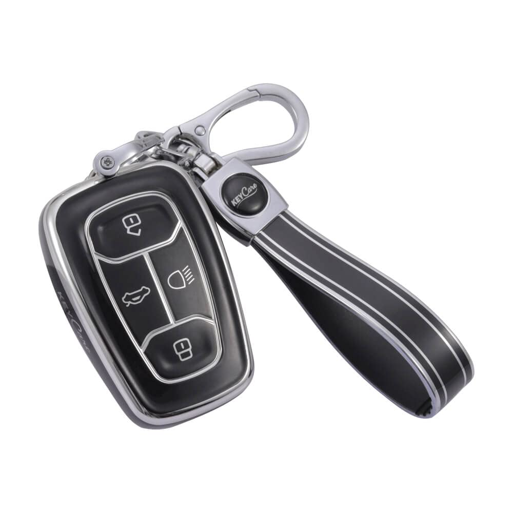 Keycare® TPU Key Cover and Keychain Compatible for: Nexon, Harrier, Tigor BS6, Tigor EV, Safari 2021, Altroz, Safari Gold, Gravitas, Punch Smart Key (Silver Black + Silver Black Keychain)