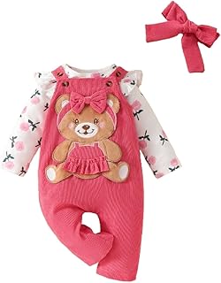 Eqenkely 3 Piezas Conjuntos de Tops Manga Larga con Algodón y Oso Mono Pantalones para Bebé Niña Trajes