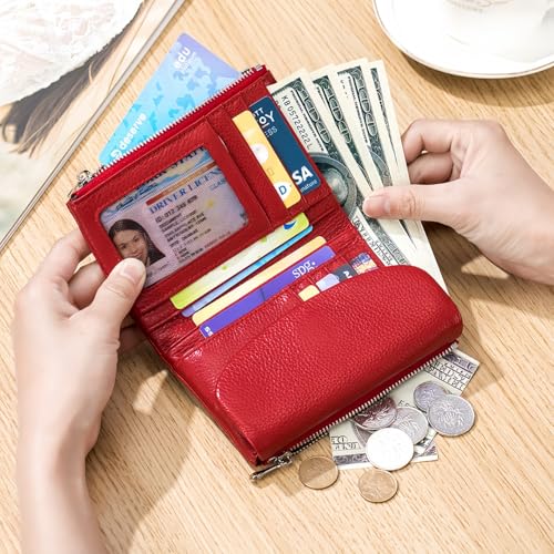 Men's/Women's Genuine Leather Wallet, Large Capacity 6-Card Capacity Wallet, Multiple Hidden Compartments Cowhide Leather Wallet, Suitable Gift for Men/Women (Deep Red)2