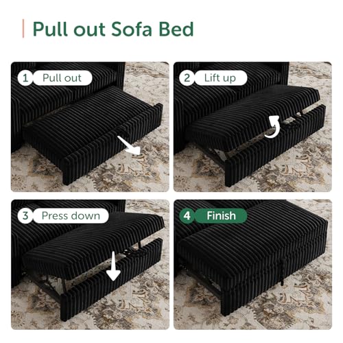 Image of HONBAY Modular Pull Out Sofa Bed,Corduroy Loveseat, Couches for Living Room,Black