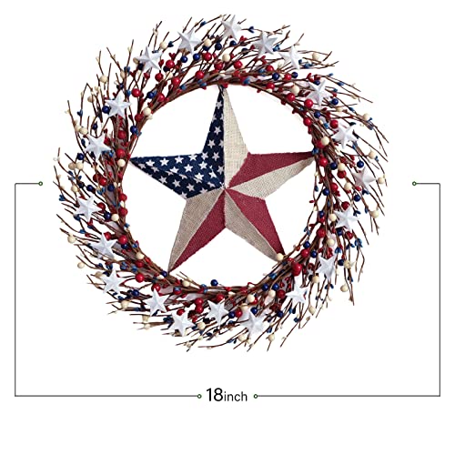 Tempus 4Th Of July 18 Inch Independence Day Red White And Blue Berry Wreath Metal Pentagram Embellished Burlap Pentagram Wreath Patriotic Ornament Memorial Day Flag Day Veterans Day #TOP2