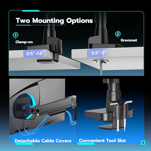 Image of ARES WING Single Monitor Arm Desk Mount for 17-49 Inch Ultrawide Monitors, Heavy Duty Single Monitor Arm Holds 44 lbs, Full Motion Gas Spring Vertical Desk Mount, 75 /100 VESA Mount, Black