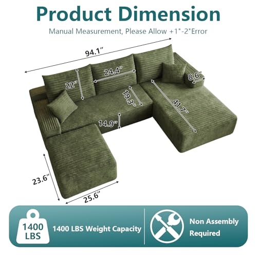 Image of 95 inch U-Shape Cloud Couch, Modern Modular Sectional L-Shape Sofa with Ottoman, Corduroy Upholstered Couches Deep Seat Sleeper Chaise Longue for Living Room, No Assembly Required(Green, Right Facing)