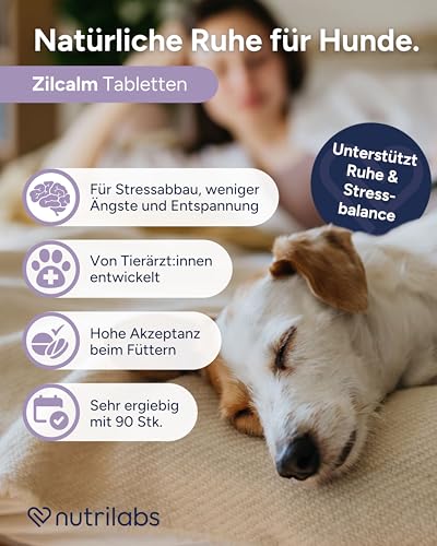 NutriLabs Zilcalm Beruhigungstabletten für Hunde - 90 STK. - mit Milchprotein, Ashwagandha, Probiotika, L-Tryptophan UVM. - Beruhigungsprodukte für Hunde - Nahrungsergänzungsmittel Hund