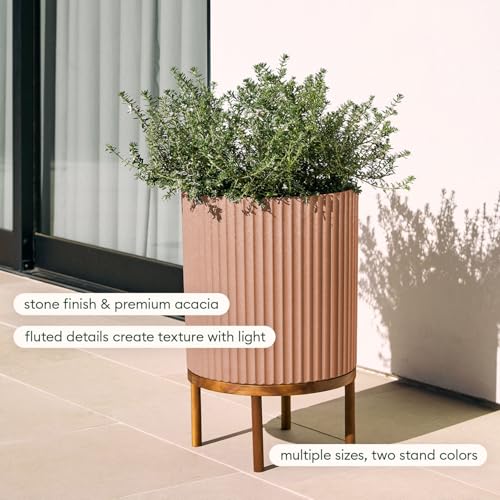 Image of Veradek Demi Series Raised Planter - Round Planter with Stand | Made From a Durable Plastic-Stone Composite & Comes With Wooden Stand. Modern Porch /Patio Decor