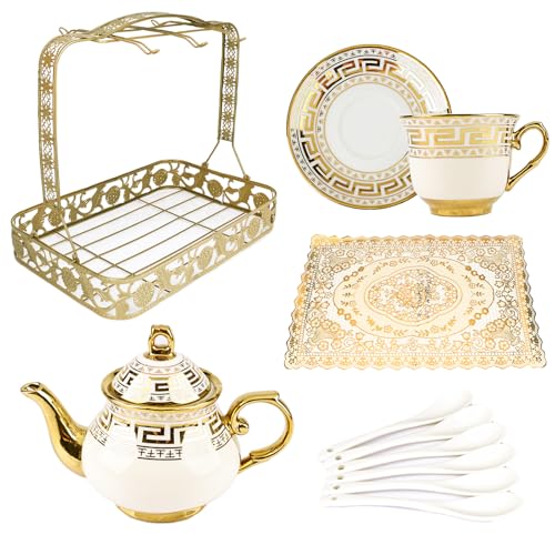 Elegant 20-Piece European Vintage Porcelain Tea Set with Gold Trim - Complete Afternoon Tea Gift Set with 6 Cups, Saucers, and Hand-Painted Floral Design - Image 8