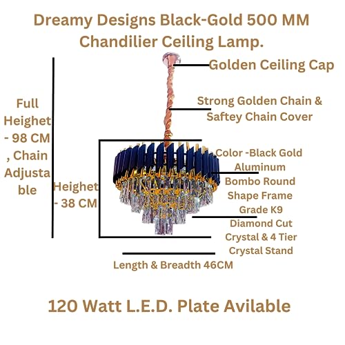 Image of DREAMY DESIGNS Chandelier Lights for Ceiling Black Gold 500 MM 4-Tier Crystal Chandeliers for Living Room with 3 Mode LED Light Plate for Hall Modern Jhumar Designer Bedroom and Dining Room