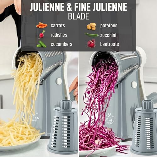 Image of Zulay Kitchen Rotary Cheese Grater 5 Blade Cheese Shredder - Manual Hand Crank Cheese Grater With Reinforced Suction & 5 Interchangeable Drums - Easy to Use, Vegetable Chopper Round Mandoline Slicer