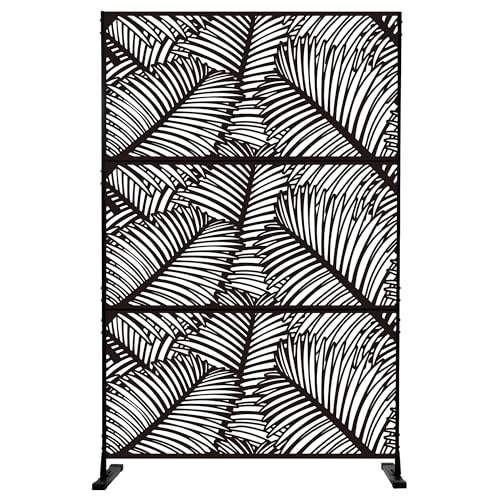 Kozyard Metal Privacy Screen 74" H x 47.2" W Decorative Outdoor Divider with Stand Panels Freestanding Screen Set for Deck Patio Balcony Garden Outdoor&Indoor (Black/Palm Leaf)
