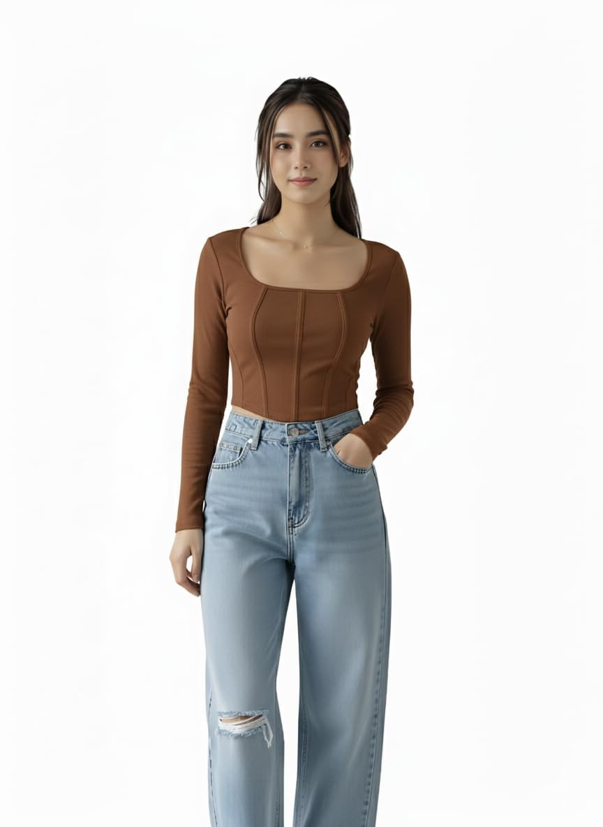 sugarcanne Women’s Square Neck Ribbed Long Sleeve Crop Top | Corset Style Fitted Stretch Top for Women | Stylish Casual Wear for Jeans & High Waist Bottoms (XS–L-picture-32