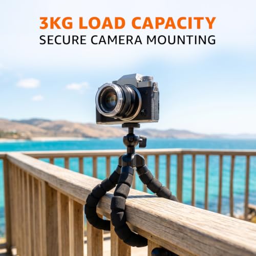 Image of Amazon Basics Flexible Gorillapod Tripod for Cameras & Mobile Phones, Premium Metal Legs with 360 Ball Head & Phone Holder, Max Load 3kg, Portable for Travel, Hiking & Vlogging