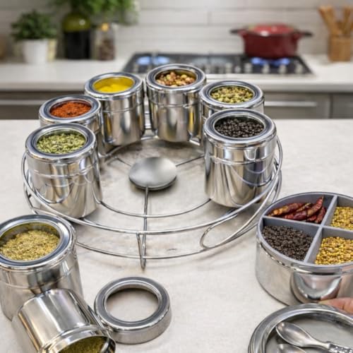 Image of STEEPLE 12 in 1 Stainless Steel Masala Box with Stand | Masala Dabba for Kitchen Storage | Spice Container with 8 Containers + 4 Section Middle Container | Steel Spice Box (22cm Diameter)