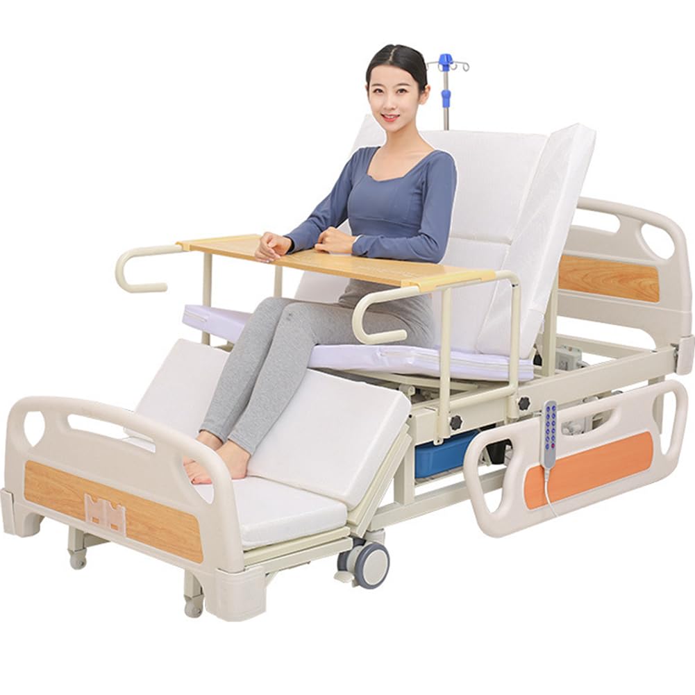 10-Funktionen-Voll‑elektrisches Pflegebett mit Seitenneigung, Krankenhausbett mit Matratze, Verstellbaren Seitengittern, Esstablett, Infusionsständer, Bettpfanne, Feststellrollen, Tragkraft bis 250 kg