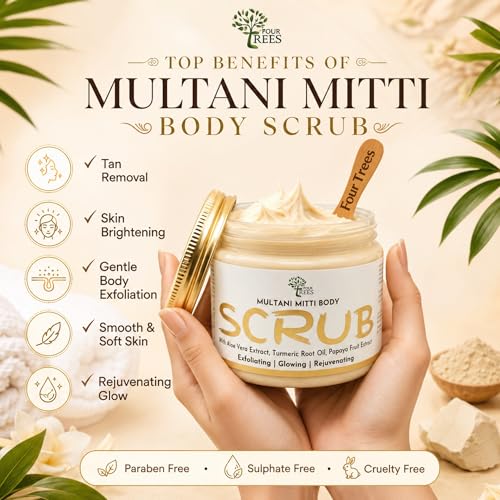 Image of Four Trees Body Scrub for Tan Removal (Multani Mitti) | Body Polish Scrub | Exfoliates with Aloe Vera, Turmeric Root Oil, Papaya Fruit Extract | For Men & Women | 200gm