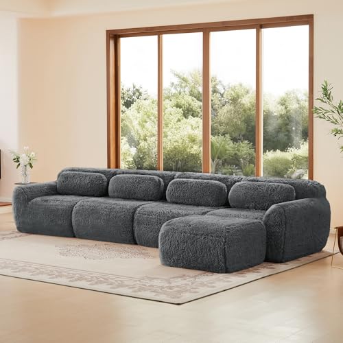 vutizal Sofá esquinero de 4 plazas, sofá cama modular con función de dormir sin montaje, tela de felpa premium 32D espuma apta para mascotas para salón, oficina, gris