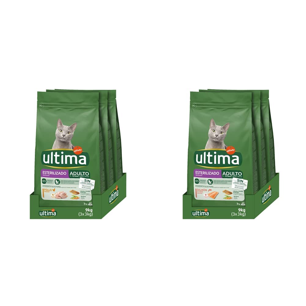 ultima Pienso para Gatos Esterilizados con Pollo - 3 x 3kg: Total 9kg & Pienso para Gatos Esterilizados con Salmon - 3 x 3kg: Total 9kg