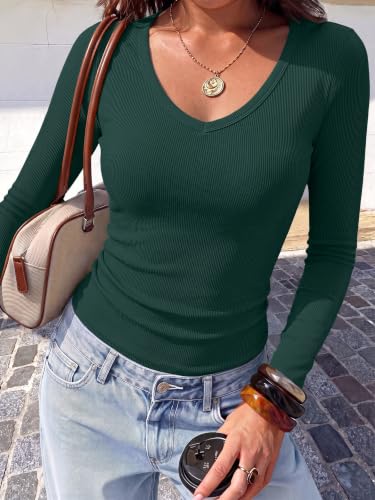 Image of ANRABESS Long Sleeve Shirts for Women Fall V Neck Slim Fit Tops Basic Tee