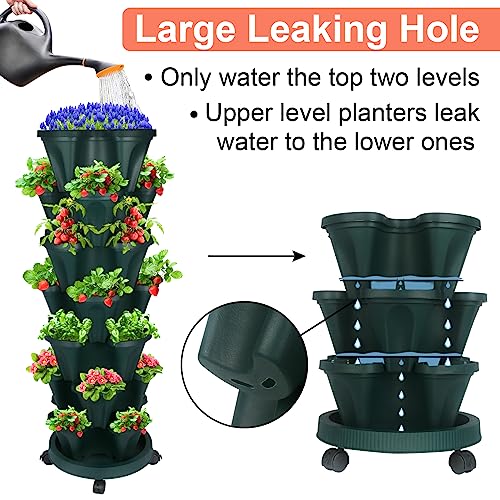 Stackable Planter, Vertical Garden Planter With Wheels And Tools, Self Watering Strawberry Planter Indoor/Outdoor 7 Tier Garden Tower Herb Planter For Growing Vegetables Succulents,Pine Green 2 Set #TOP3